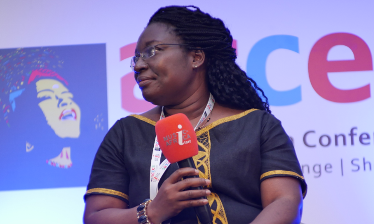 Singer, entrepreneur and former president of the Musicians Union of Ghana Diana Hopeson speaking during the ACCES music conference in Accra, Ghana, in 2019. Photo: So Fraiche